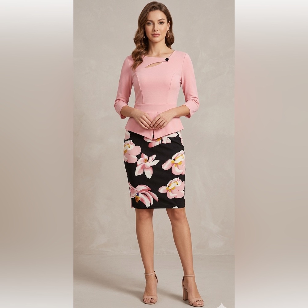 HOMEYEE Pink & Floral Peplum Sheath Dress, Size 6/Medium